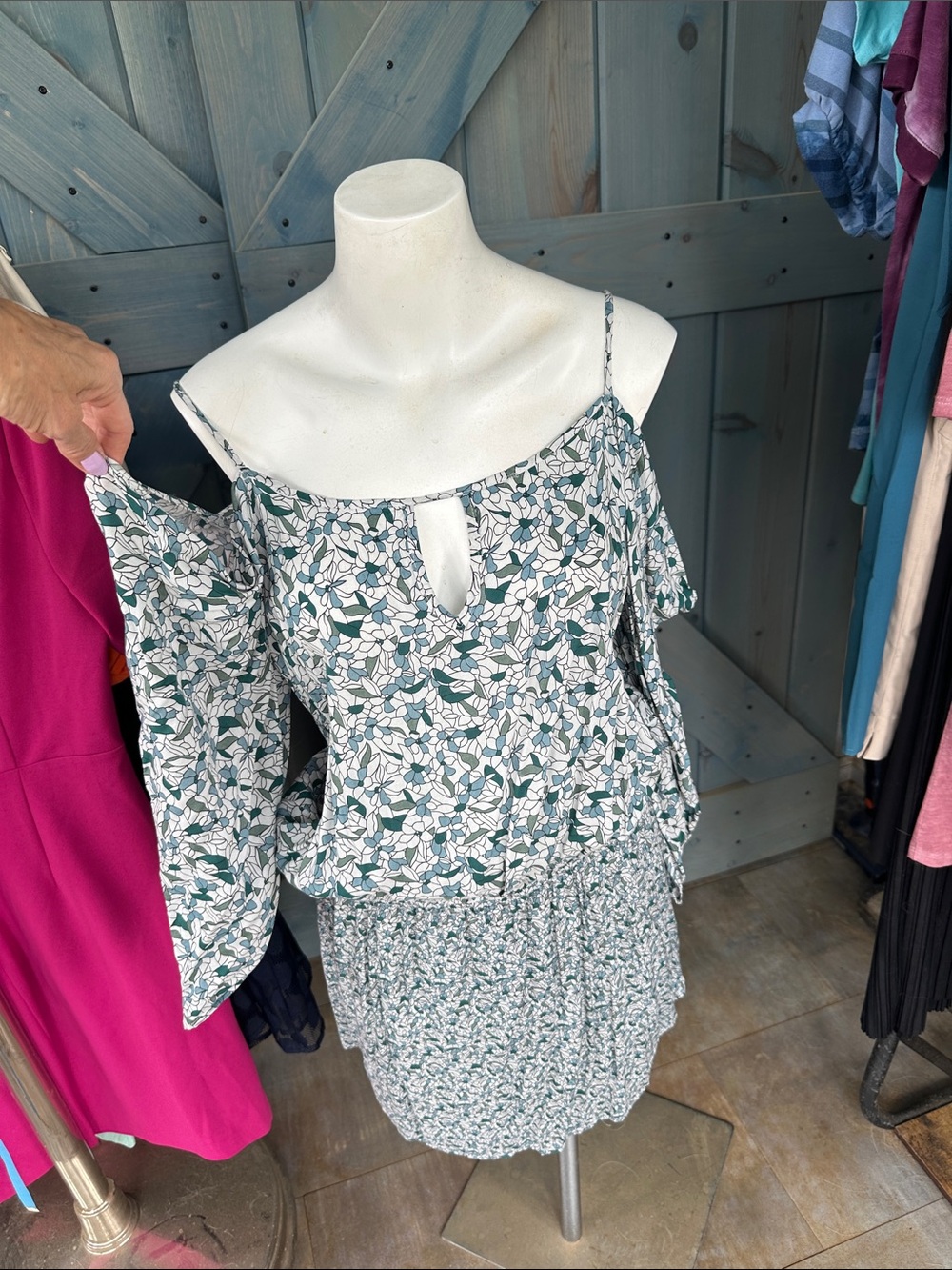 Young Fabulous & Broke White and Teal Floral Cold-Shoulder Dress